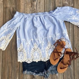 Off the shoulder lace blue top